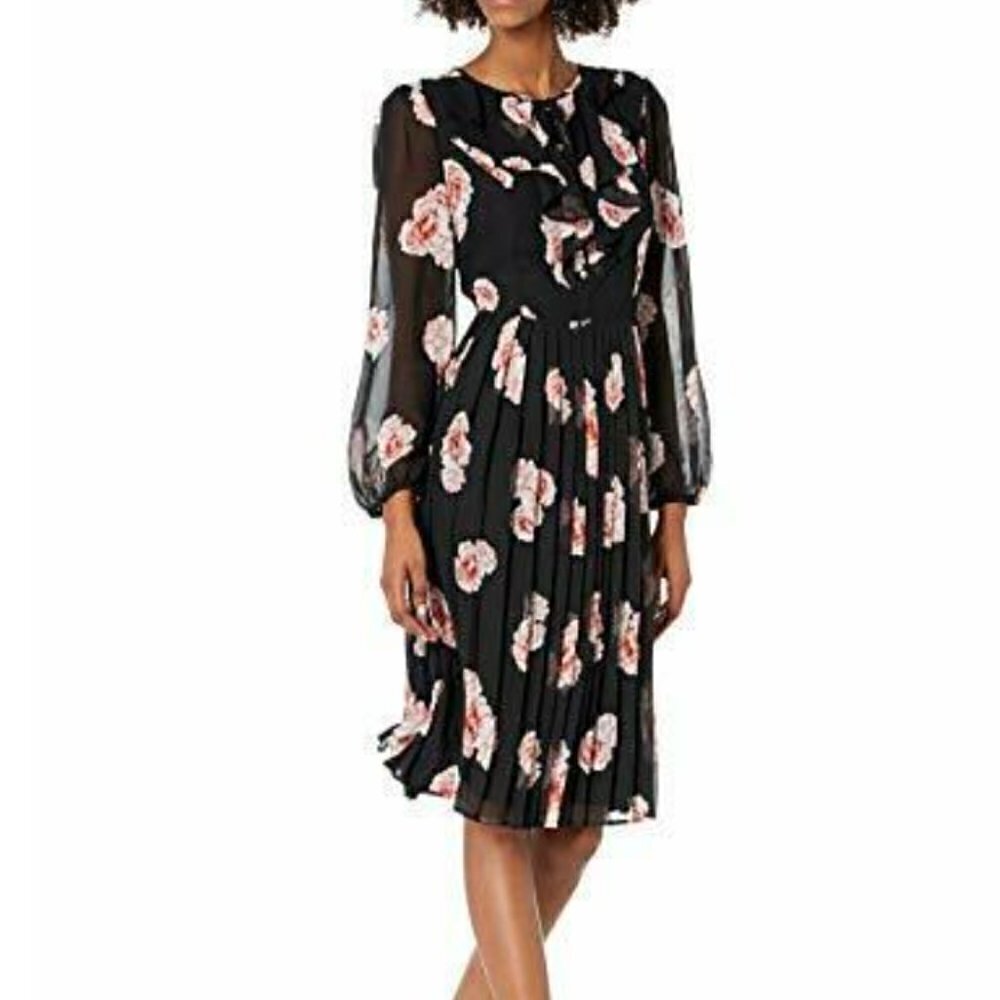 Tommy Hilfiger Women's Size 2 Floral Chiffon Dress Black Pink Floral Long Sleeve - Picture 3 of 13